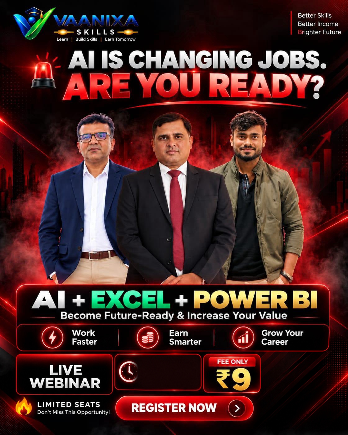 Vaanixa Academy live webinar: AI, Excel and Power BI with the three mentors. Entry ₹9.